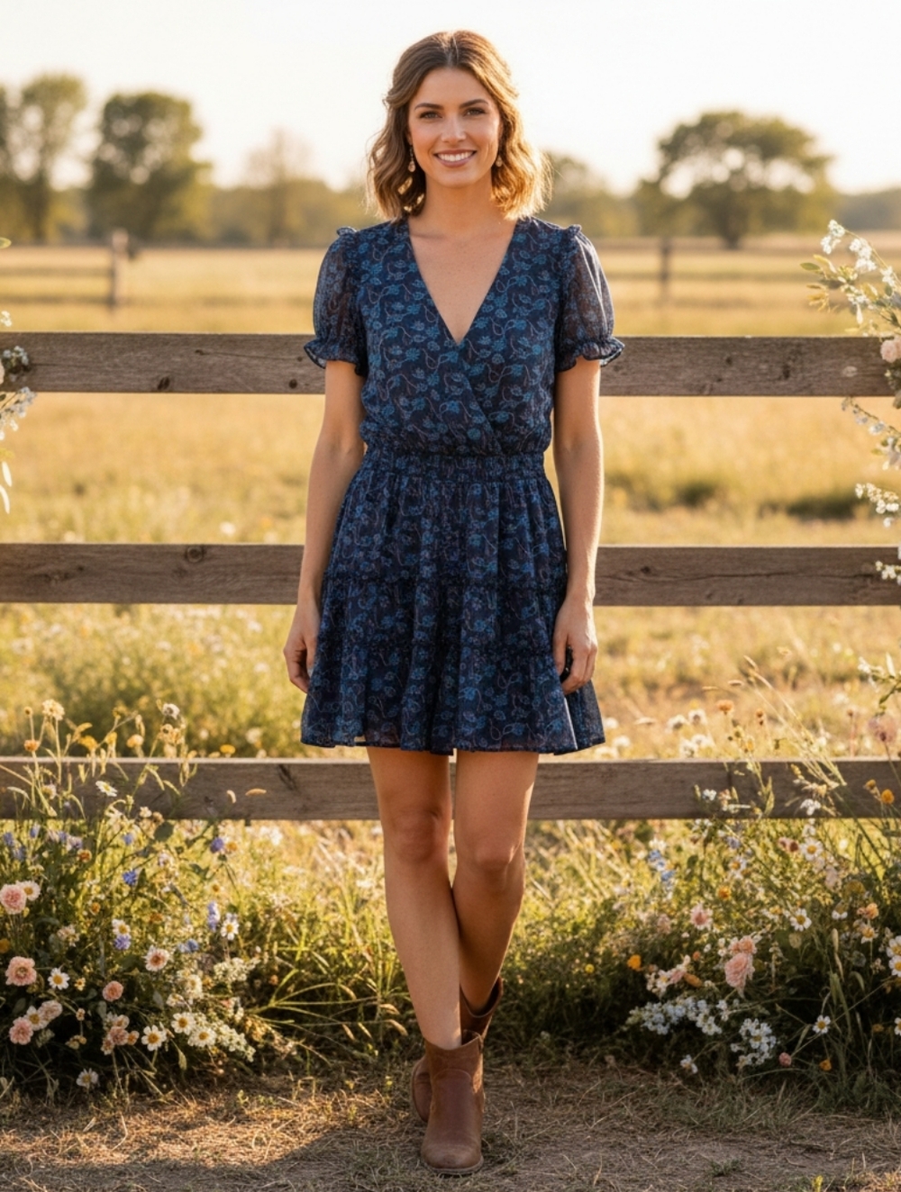 Blue Floral Western Union V-Neck Short Sleeve Dress LARGE